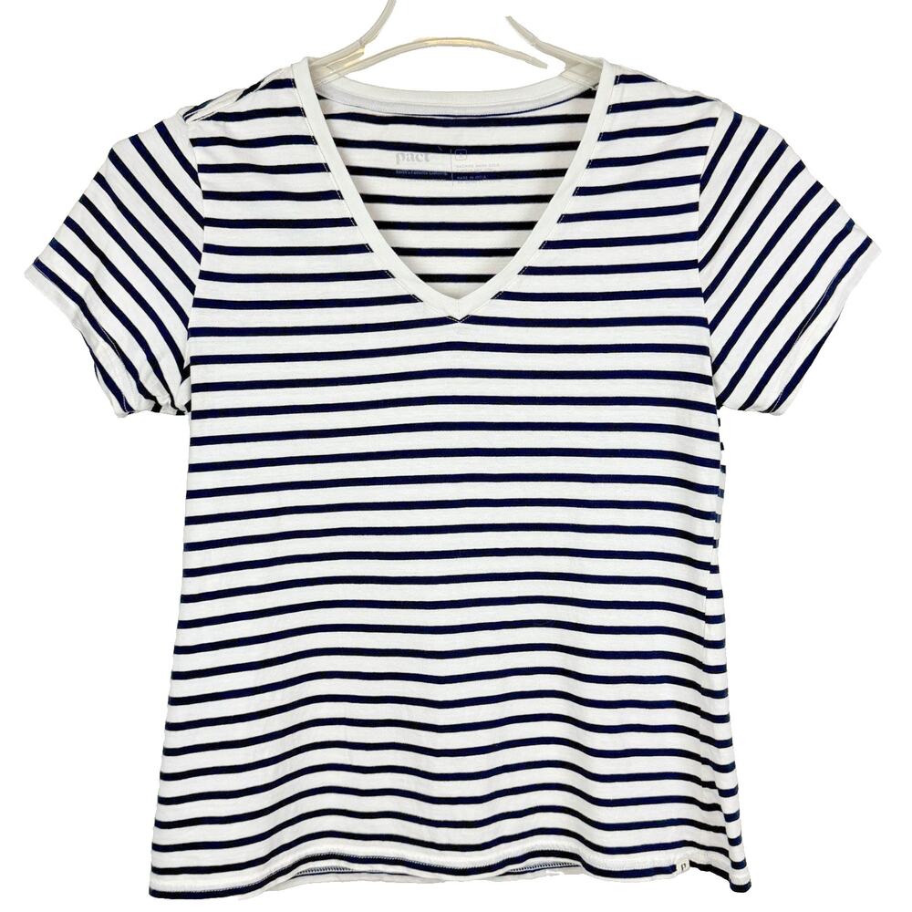 PACT 100% Organic Cotton T-Shirt Sze S Navy White Stripe V Neck Nautical Coastal